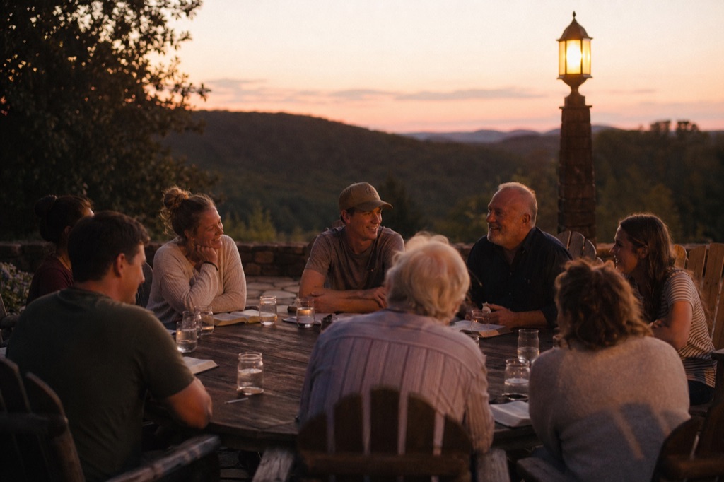 Outdoor evening gathering at Hallelujah Hills: friends and visitors around a wooden table with cold water and open Bibles in warm amber lamplight, the Pillar lit, last gold of sunset behind the South Carolina hills.