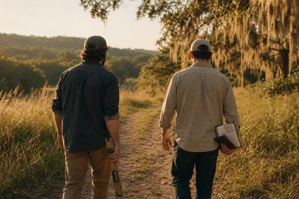 Two figures walking along a dirt path through tall grass at golden hour — one carrying a wooden carpenter's level, the other an open Bible. South Carolina rolling hills, live oaks with Spanish moss, last amber light. Two friends in covenant, building together.