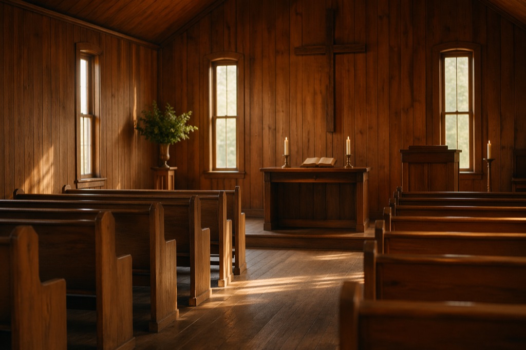 Interior of a small wood-paneled Christian chapel: plain wooden pews, a simple wooden cross on the back wall, tall narrow windows letting in amber afternoon light, candles lit on the lectern, an open Bible. Unoccupied, ready.