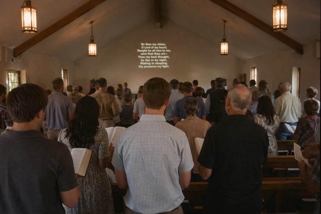 Interior wide shot from the back of a small chapel — a congregation standing and singing, hymnals in hand, lyrics from 'Be Thou My Vision' projected on the front wall.