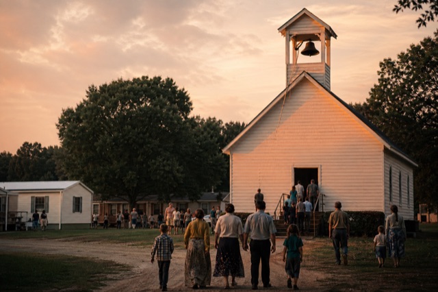 Wide view of the community at sunset: families walking from manufactured homes toward a chapel as the bell sounds, last gold light on the steeple.