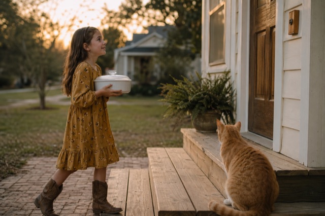 A girl of about eight walking up to a neighbor's front porch at dusk, carrying a covered dish, an orange cat watching from the steps.
