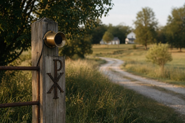 A small brass speaker mounted on a weathered wooden gatepost in late afternoon light, an iron Chi-Rho fixed below the speaker.