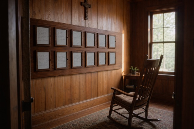 A wood-paneled prayer room with the Remembrance wall as a 4x6 grid of e-ink panels, a single rocking chair, soft morning light, a carved cross above.