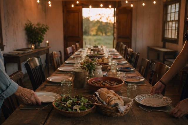 A long wooden community table set for Friday supper, mismatched plates, terra-cotta serving bowls, candles in glass jars, hands setting a final plate.